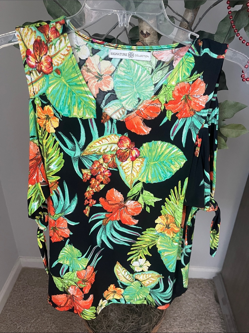 Avon Black Tropical Floral Cold-Shoulder Top - Orange & Green